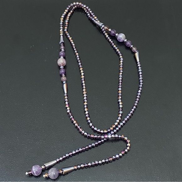 Handmade Amethyst Stone AB Purple Crystal Beads Lariat 40” Necklace - Picture 11 of 16